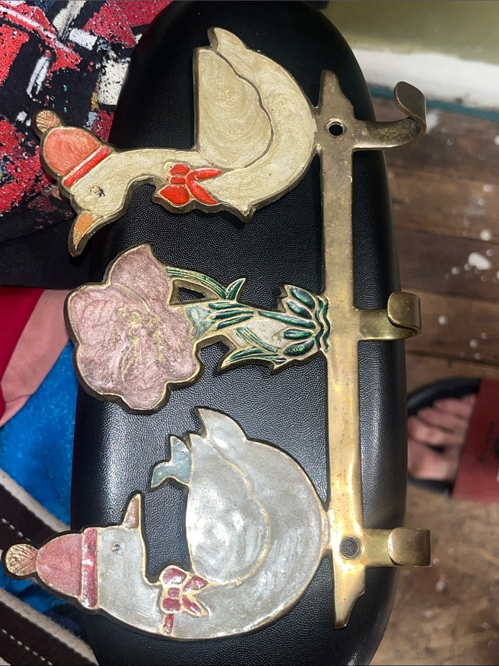 Vintage Brass Wall Hook with Pink & Cream Enamel Ducks and Flower - Home Accents